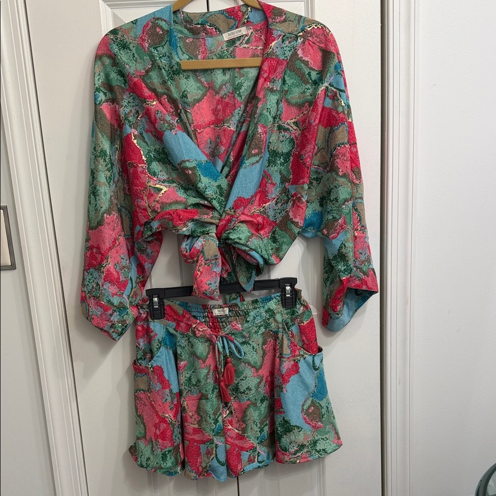 Colorful Abstract Print Two-Piece Set - Bright Coral, Teal, Green